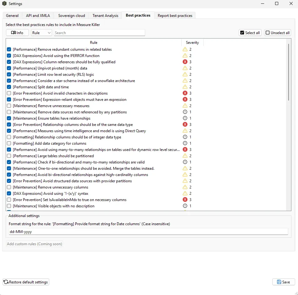 Best-practice rule settings with severity levels and individual enable/disable checkboxes