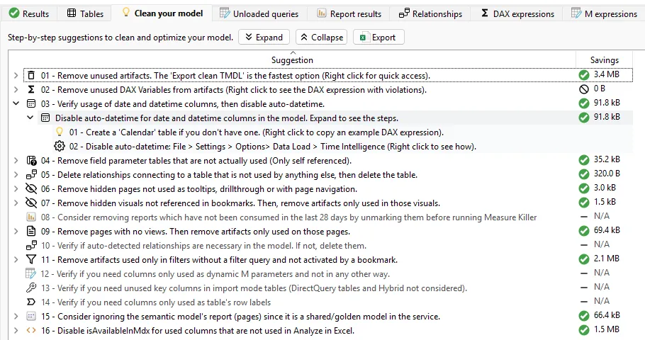 Measure Killer 'Clean your model' tab — numbered cleanup suggestions with per-item size reduction