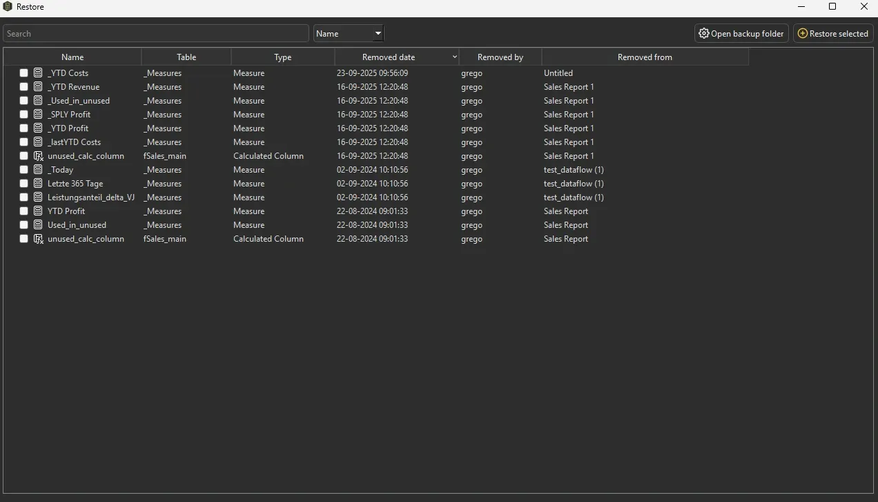 DAX backup and restore — right-click to restore a previously removed measure or calculated column