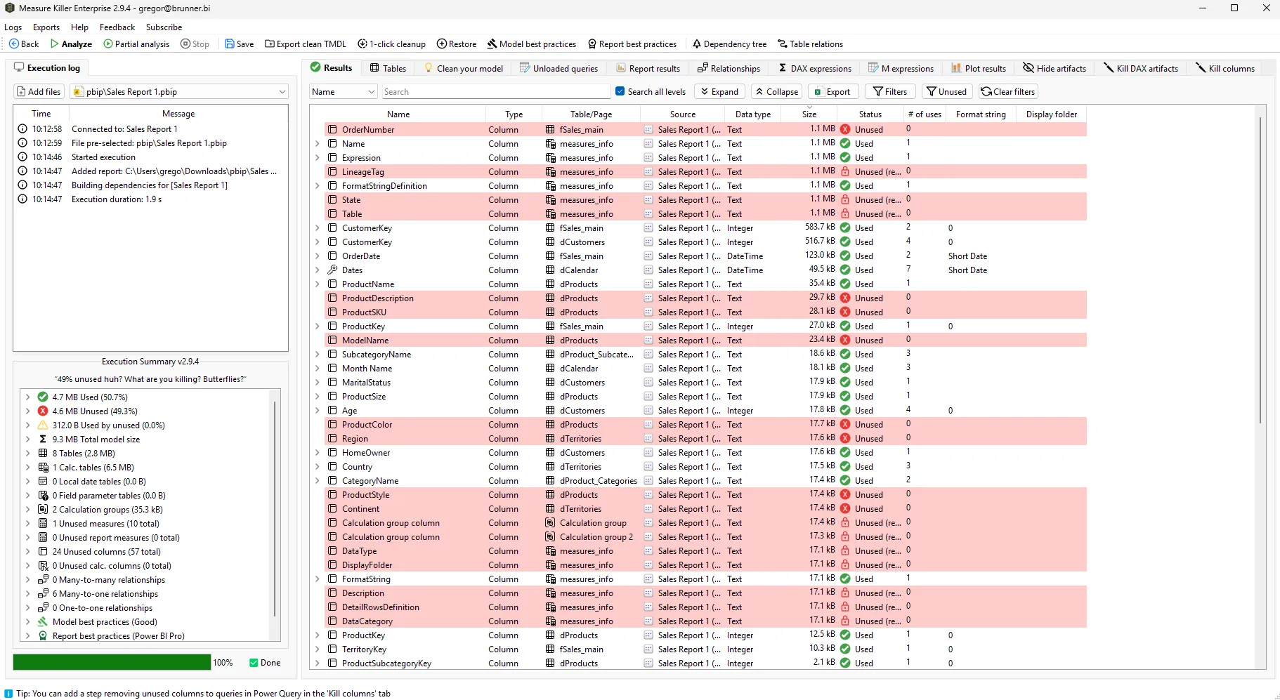 Measure Killer desktop analysis output — Where-used table with unused columns and measures highlighted in red after scanning a local .pbix file