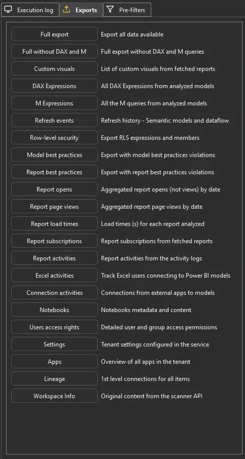 Measure Killer Tenant Analysis Exports sidebar — full list of raw JSON exports including DAX, M, refresh events, RLS, BPA, report opens / page views / load times, activities and more