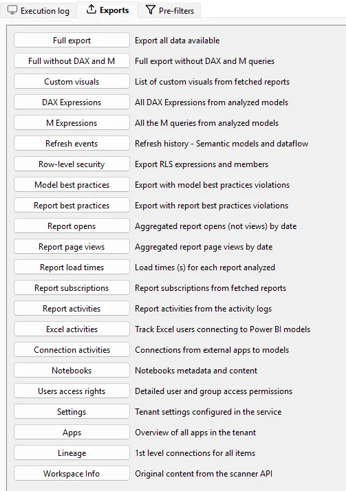 Measure Killer Tenant Analysis Exports sidebar — full list of raw JSON exports including DAX, M, refresh events, RLS, BPA, report opens / page views / load times, activities and more