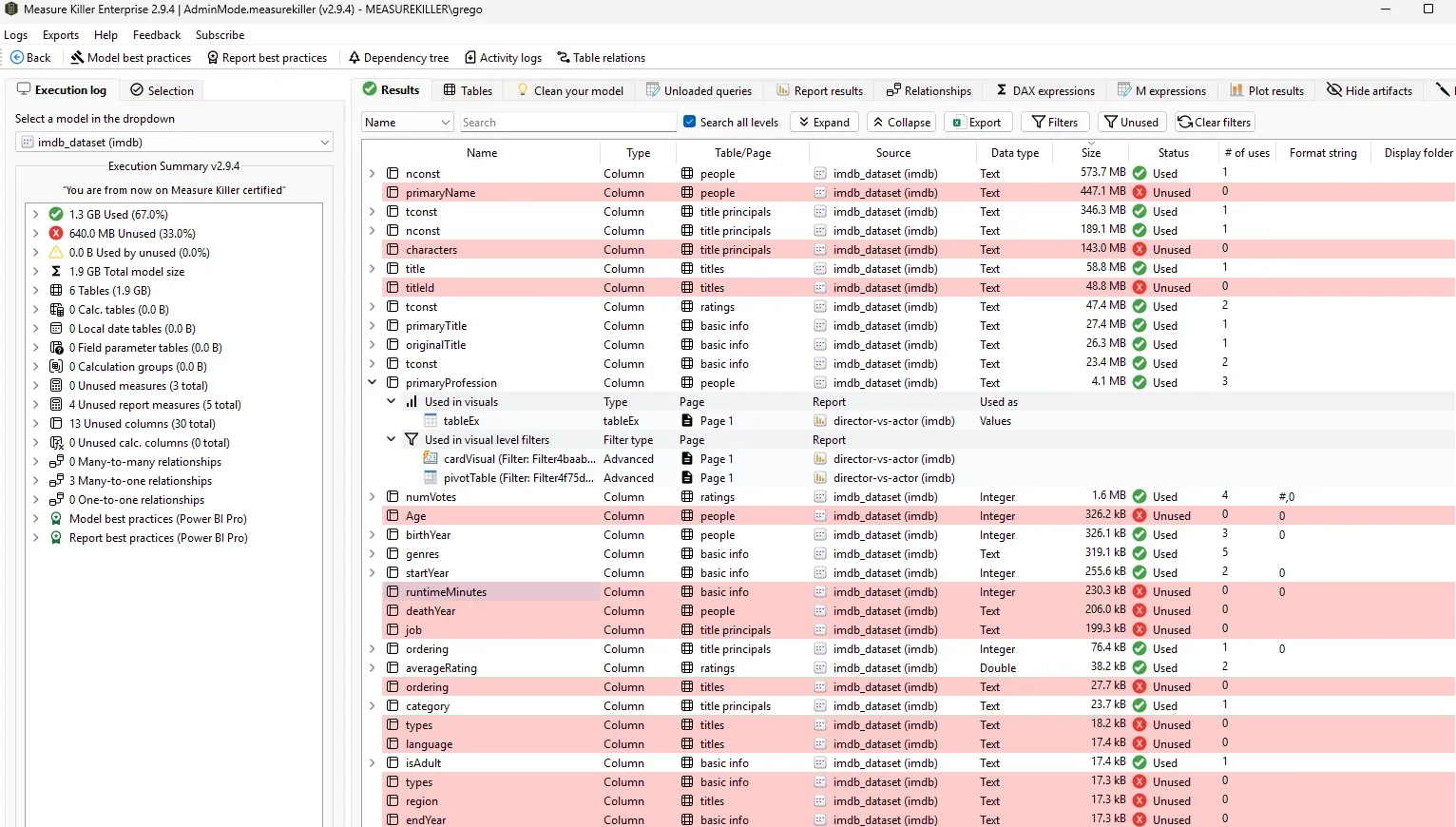 Measure Killer used/unused output — every column and measure with used/unused status and where-used details