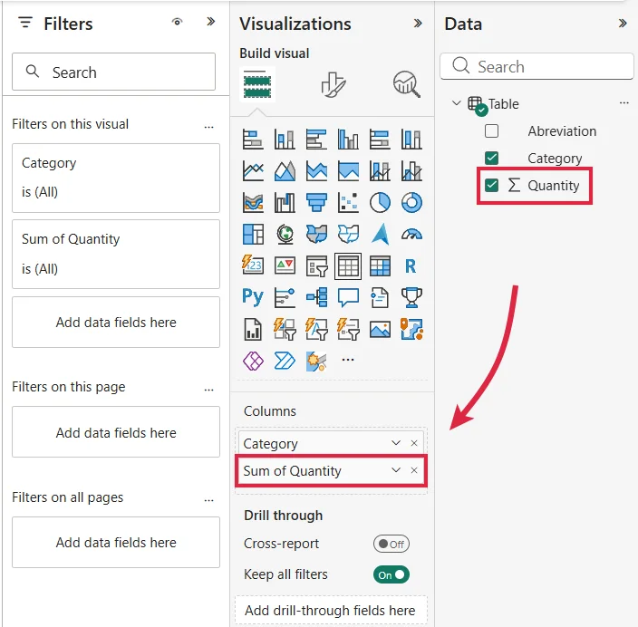 Power BI Desktop Visualizations pane showing a numeric column dragged directly onto a visual, creating an implicit Sum of Quantity measure