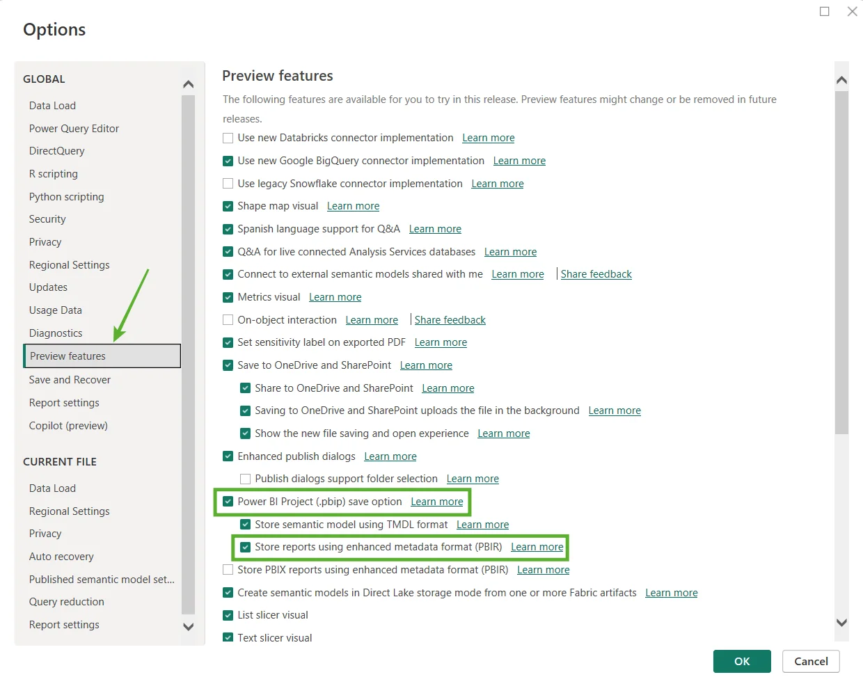 Power BI preview features dialog with PBIP author mode and PBIR enabled