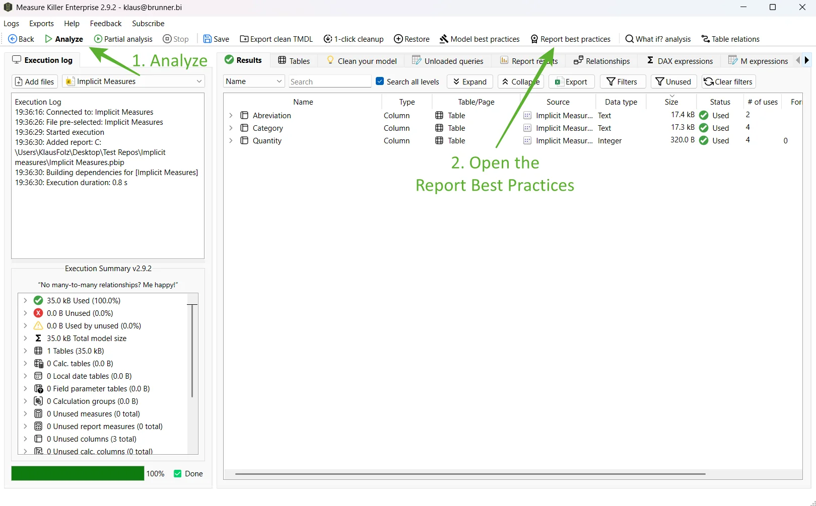 Measure Killer main window showing implicit measure findings after analyzing a Power BI model