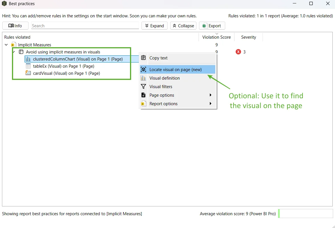 Measure Killer Report Best Practices view with the implicit measures rule expanded