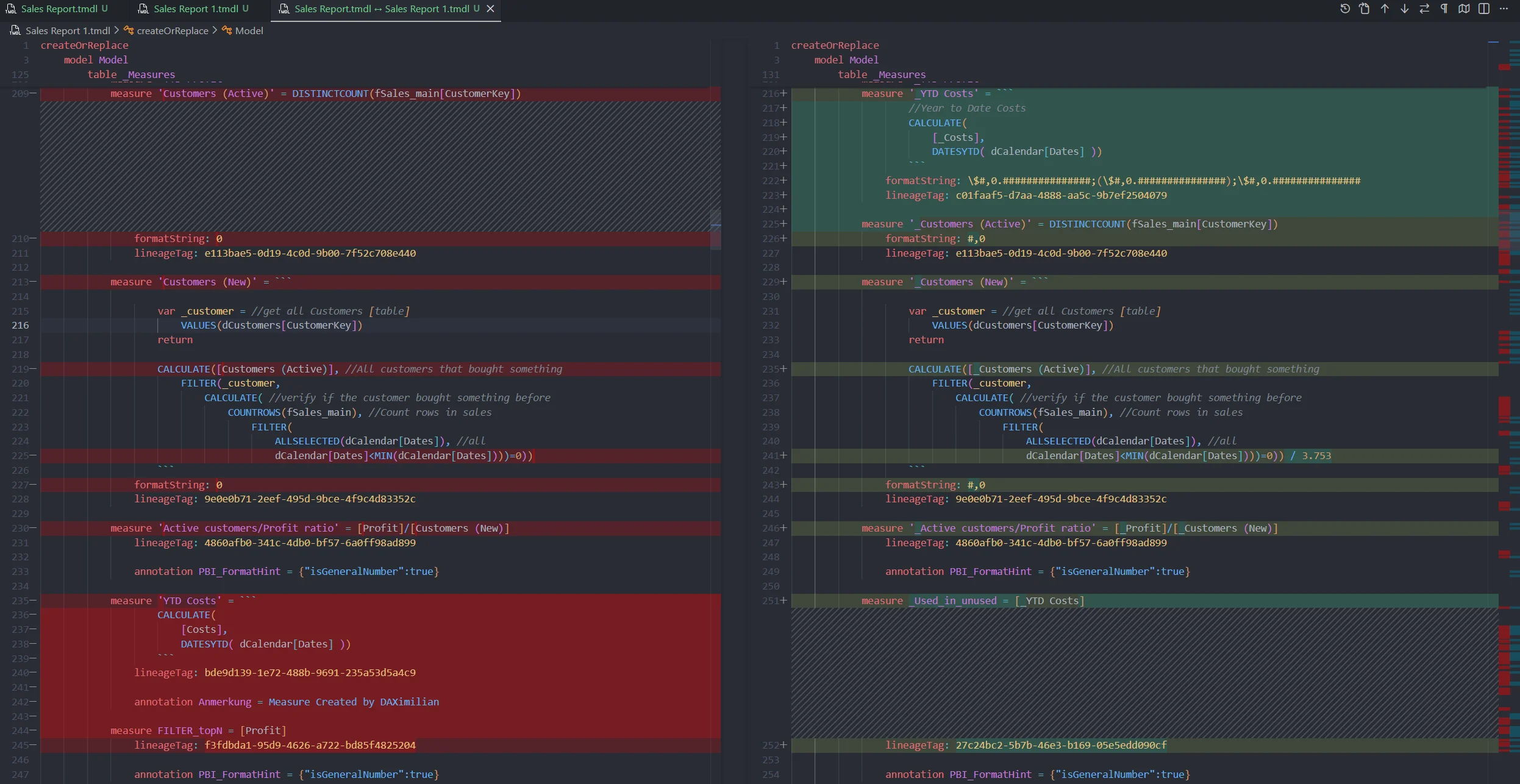 Comparison between the TMDL representations of Sales Report and Sales Report 1. The differences are not easy to spot