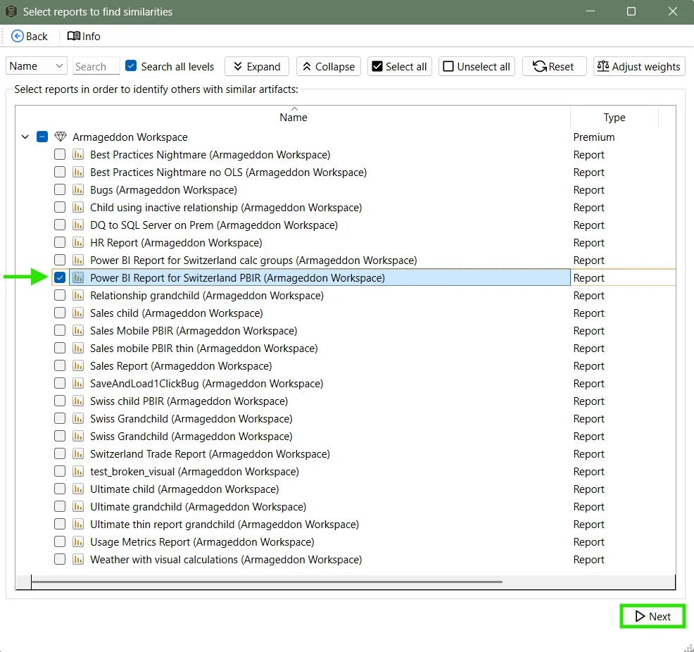 Selecting the reports to find duplicates for