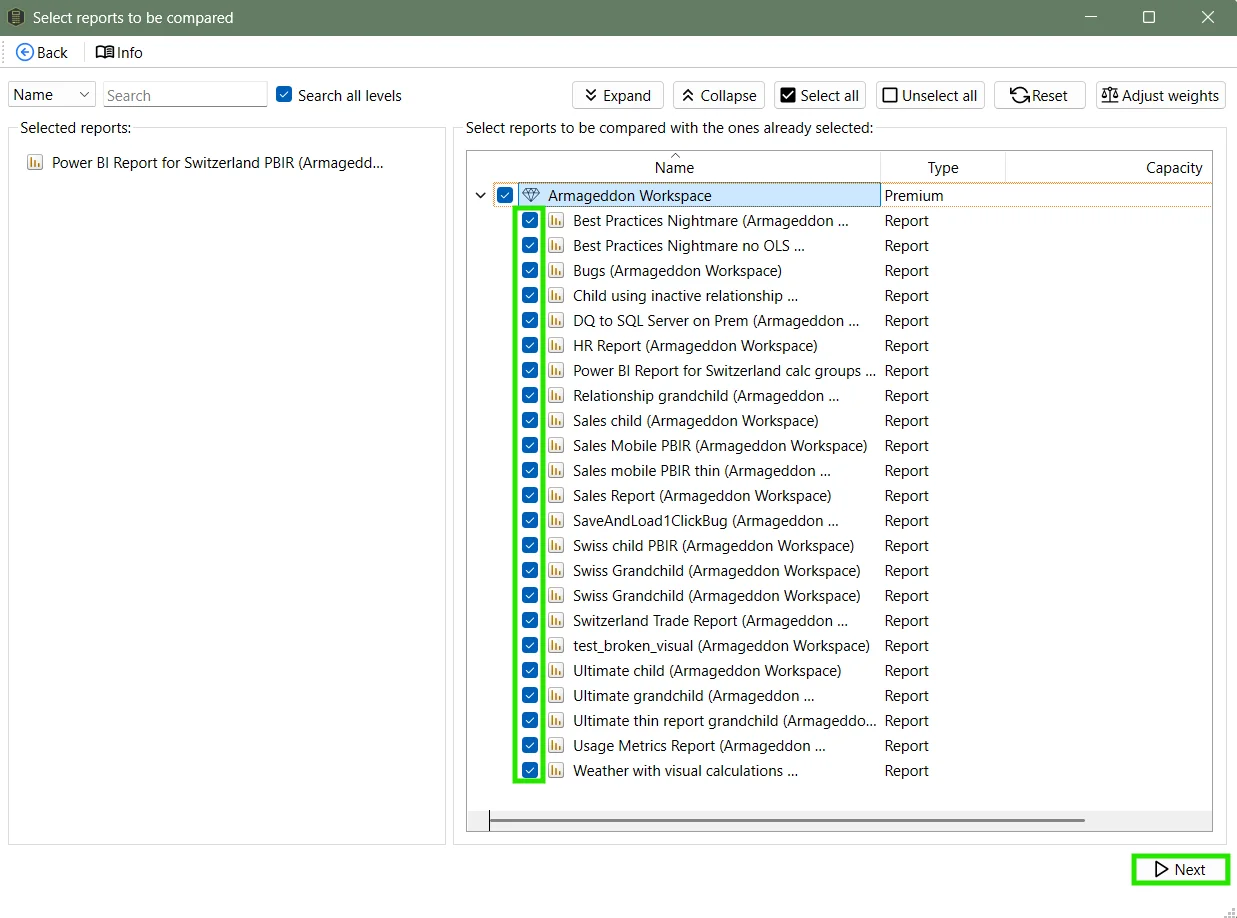 Selecting reports to be compared with the ones previously selected