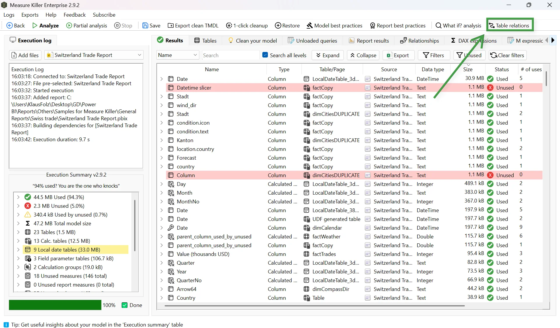 Table Relations button in the Measure Killer toolbar