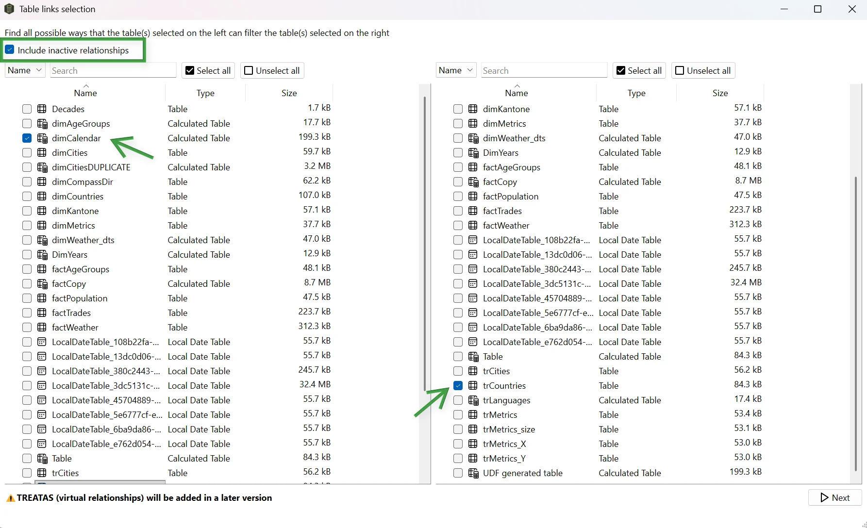 Selecting dimCalendar on the left and trCountries on the right in the Table Relations dialog