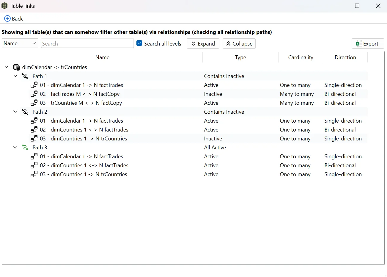 All relationship paths from dimCalendar to trCountries — three paths showing direction, cardinality, and active/inactive status