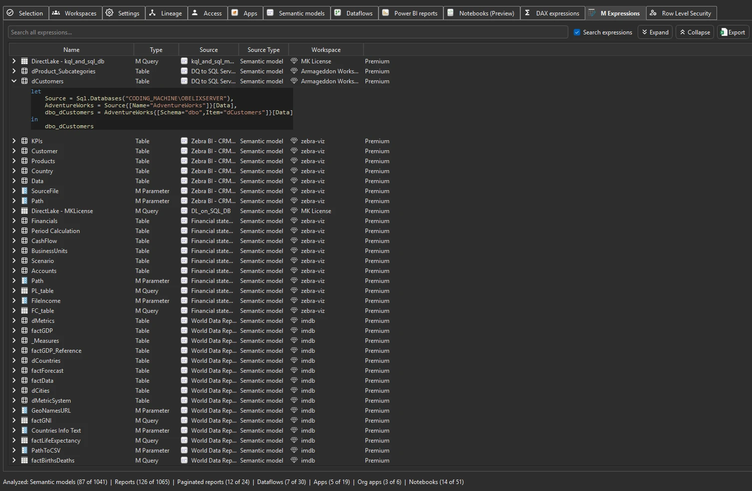 M Expressions tab — expanded view showing Power Query code for each query