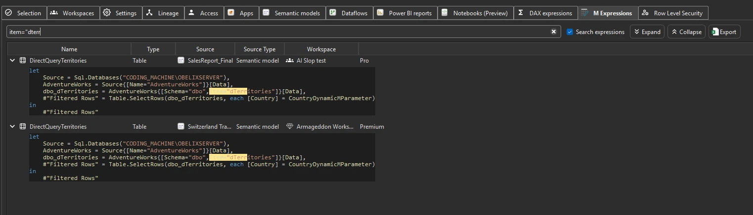 M Expressions tab — searching for a specific table or view name across every model and dataflow in the tenant