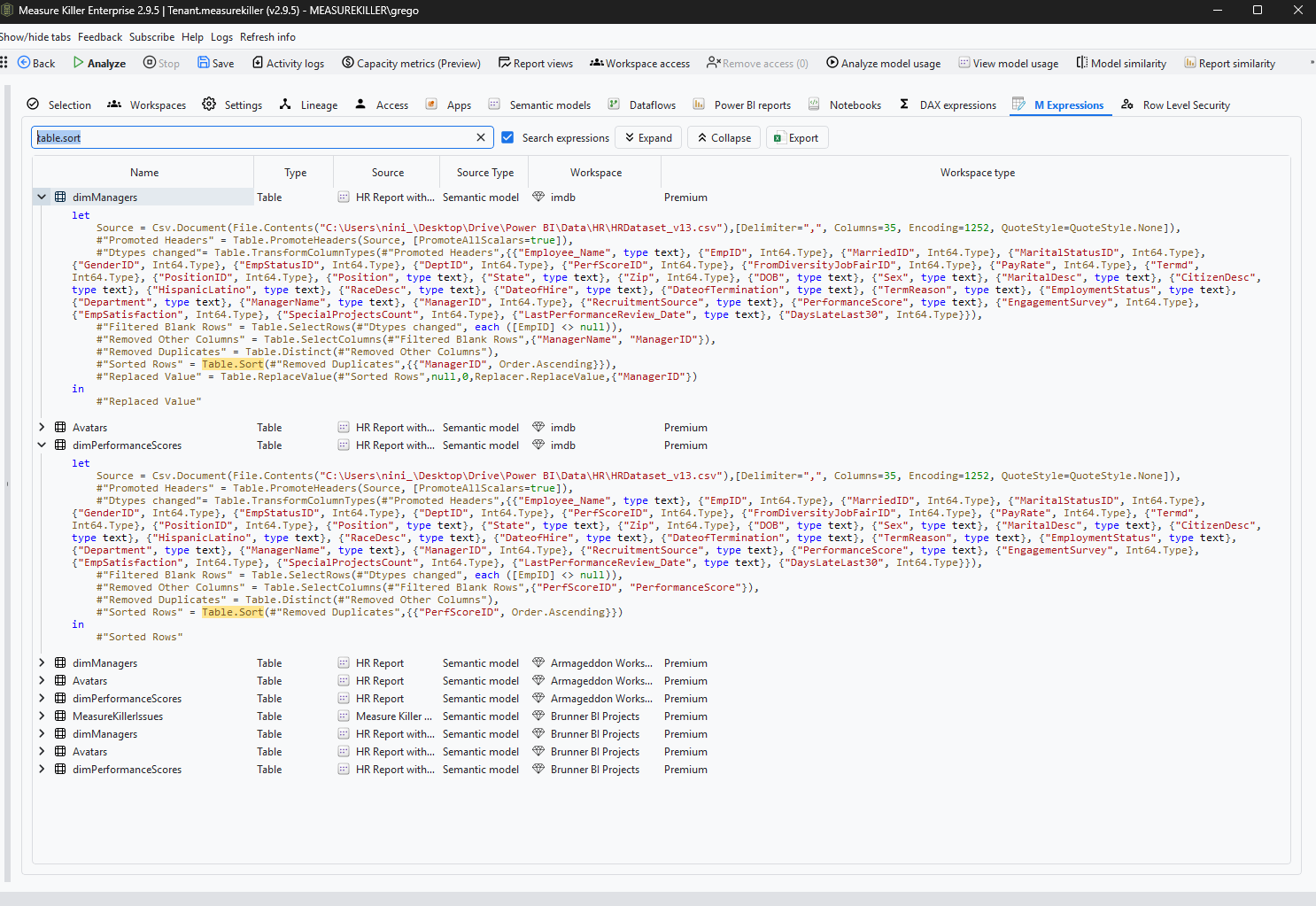 Measure Killer M Expressions tab - searching for Table.Sort across all semantic models and dataflows in the tenant