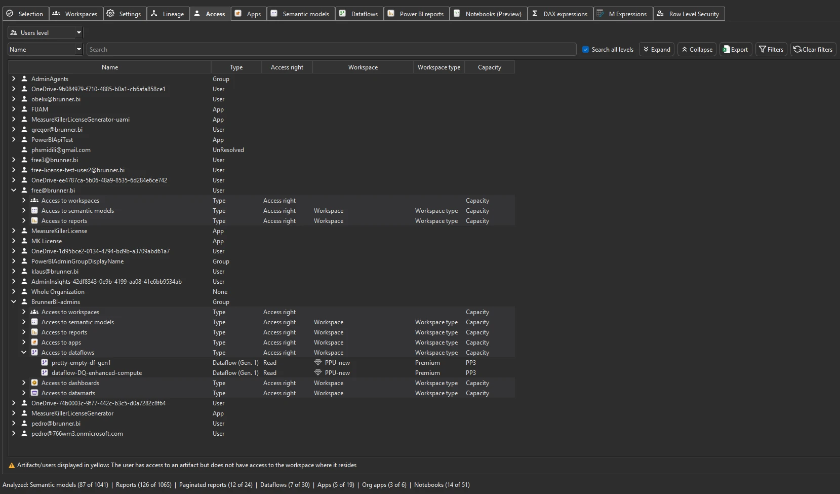 Access tab — user-level view showing each principal with their access to workspaces, models, reports, apps, and dataflows
