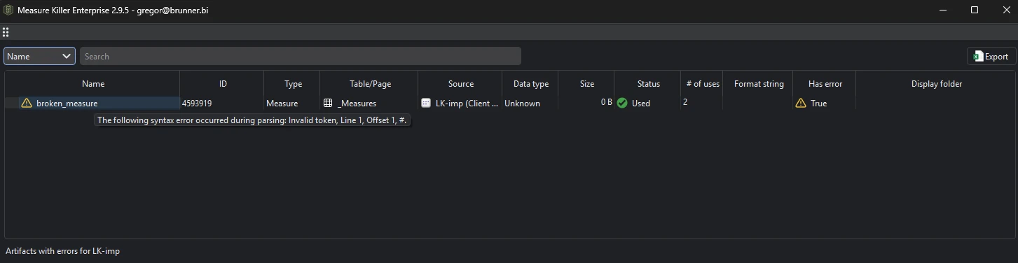 Artifacts-with-errors window for a model — each failing measure or column with its status, number of uses, and the exact error message