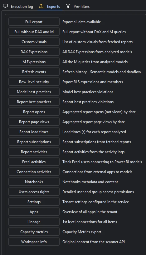 Measure Killer Tenant Analysis Exports sidebar — full list of raw JSON exports including DAX, M, refresh events, RLS, report opens / page views / load times, subscriptions, activities, capacity metrics, and more
