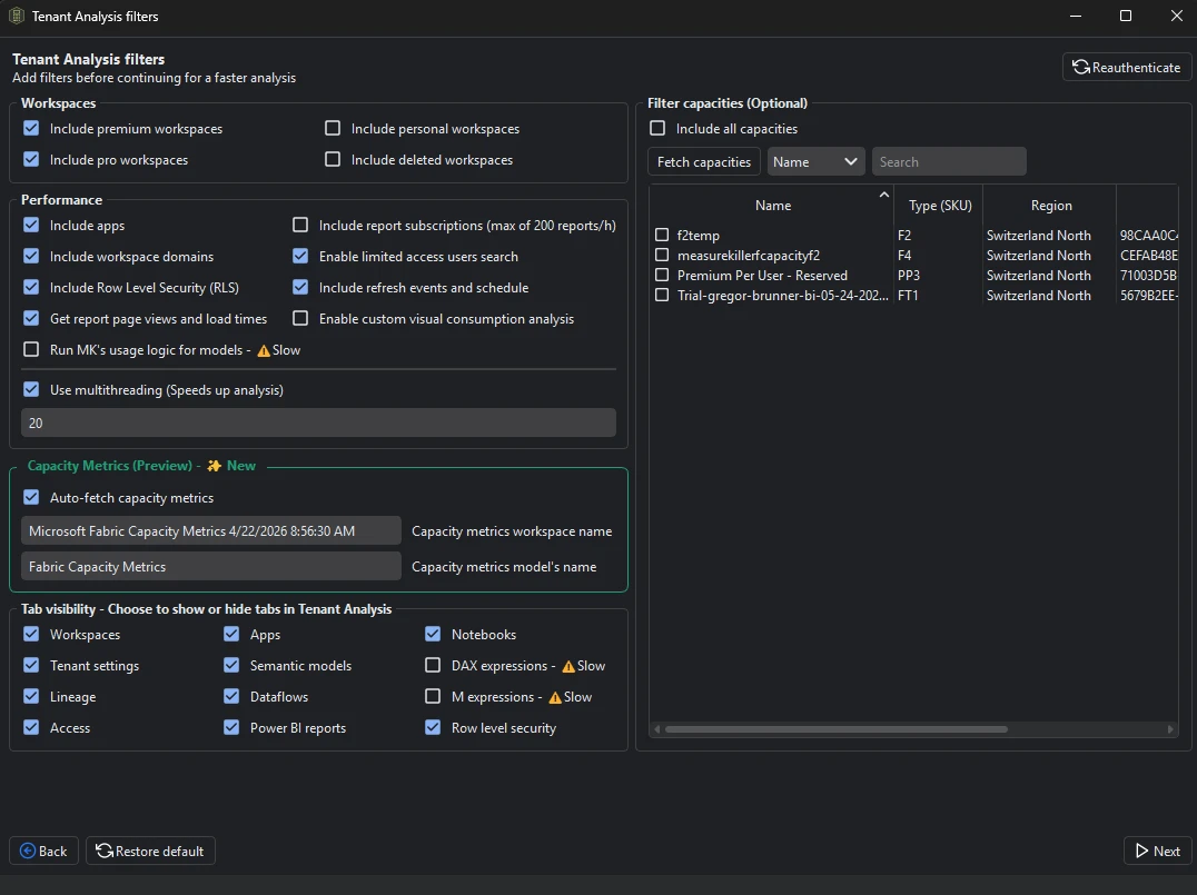 Measure Killer Tenant Analysis filters — workspaces, performance, capacity filtering, Capacity Metrics (Preview) auto-fetch, and tab visibility
