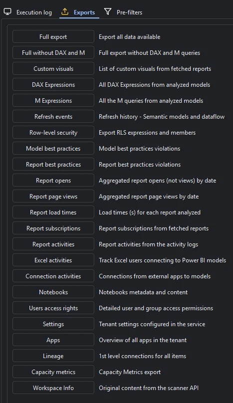 Measure Killer Tenant Analysis Exports tab — full list of raw JSON exports including DAX, M, refresh events, RLS, report opens / page views / load times, subscriptions, report activities, capacity metrics, and more