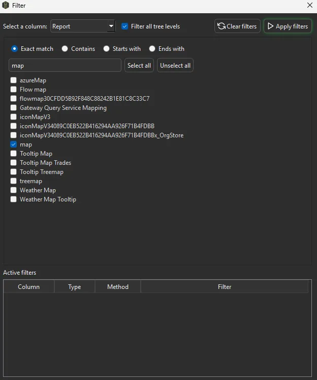 Filter dialog with Exact match selected for the "map" visual type - only the exact "map" visual is checked