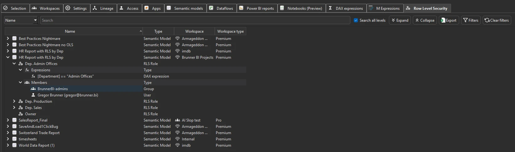 Row Level Security tab — every RLS role with filter expressions and assigned users/groups