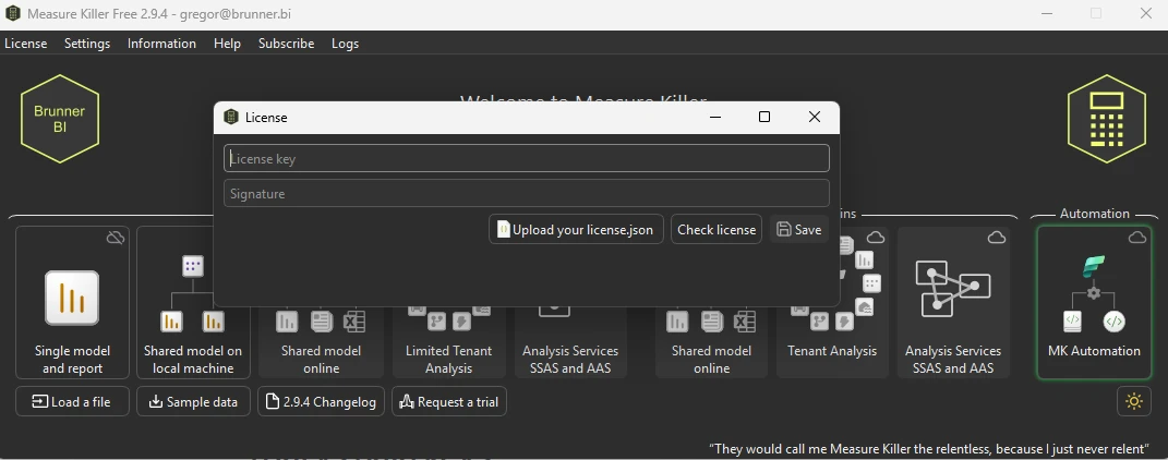 License dialog — enter your license key and signature, or upload a license.json file