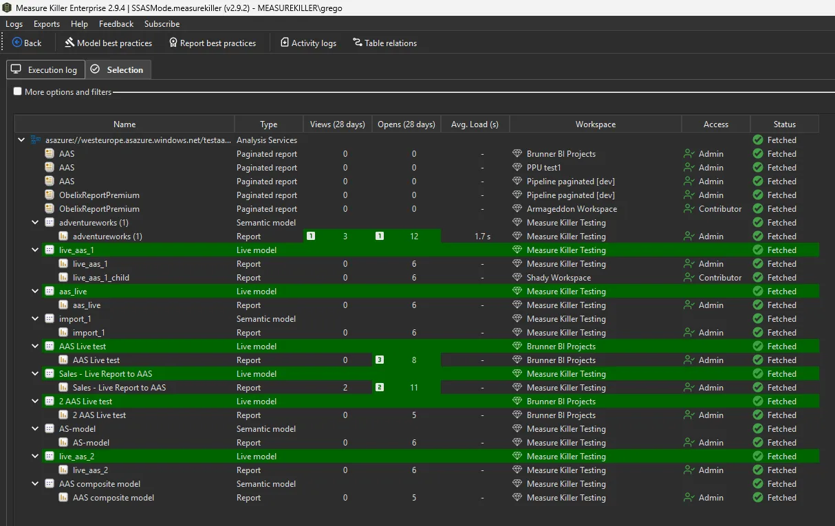 Measure Killer SSAS mode — every Power BI semantic model, report, and paginated report connected to the Analysis Services source, with views, workspace, and access level