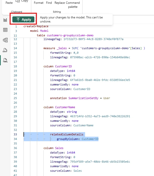 The green Apply button in TMDL view with the relatedColumnDetails and groupByColumn lines highlighted in the script