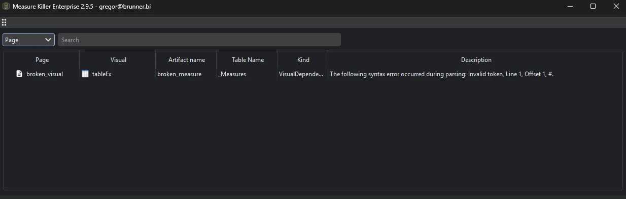 Broken-visuals detail window — page, visual, broken artifact, table, dependency kind, and the full error message