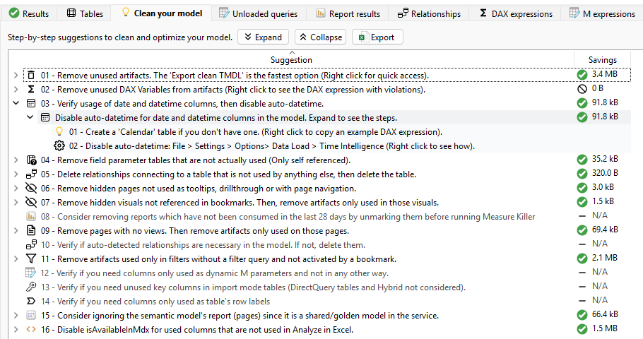 Measure Killer 'Clean your model' tab — numbered cleanup suggestions with per-item size reduction