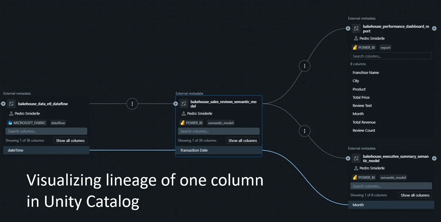 Unity Catalog column-level lineage, highlighting the path of a single dateTime column from a Databricks table through a Fabric dataflow into the Transaction Date and Month fields of two Power BI semantic models