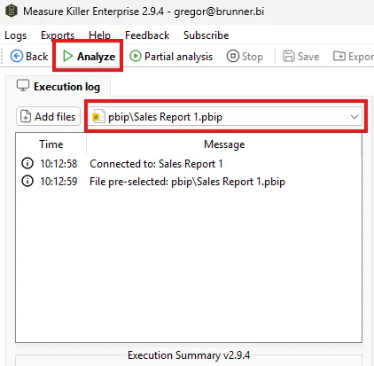 Measure Killer main window highlighting the selected file in the toolbar and the Analyze button