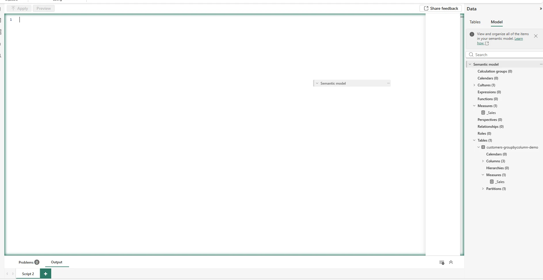 Dragging the semantic model from the Data pane onto the canvas in TMDL view in Power BI Desktop