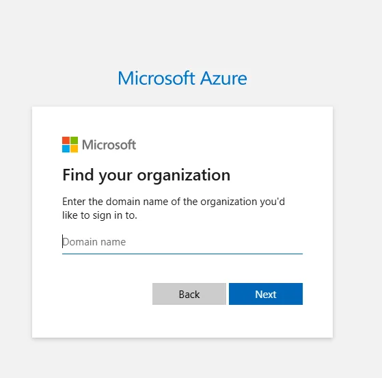 Microsoft "Find your organization" page with a Domain name field