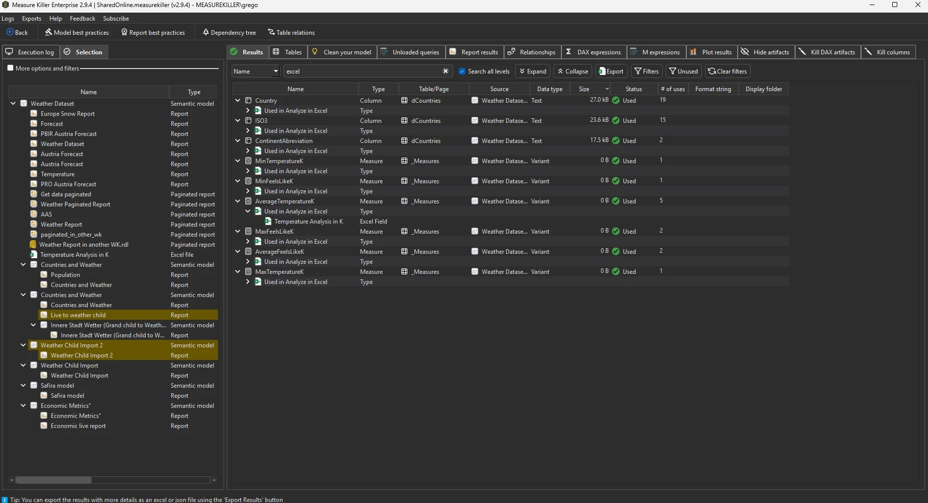 Excel files in the dependency tree — showing which columns and measures from the semantic model each Excel workbook references