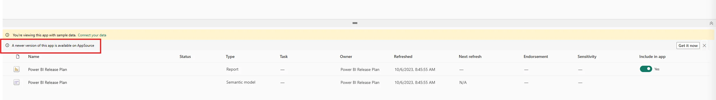 Power BI template-app workspace showing the 'A newer version of this app is available on AppSource' banner with a Get it now button on the right