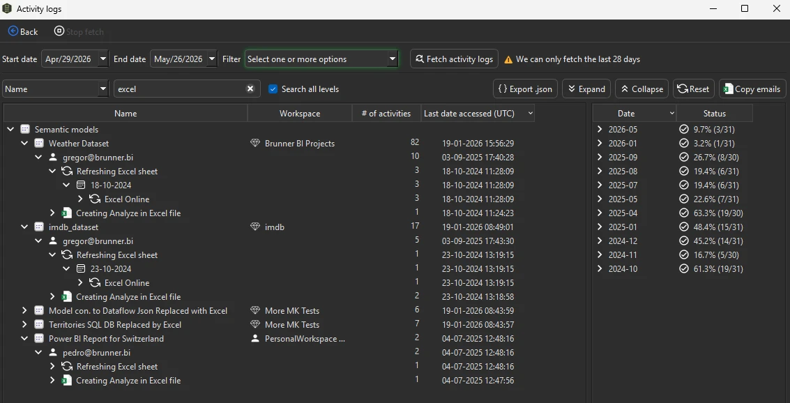 Activity logs — identifying Excel users connecting to semantic models