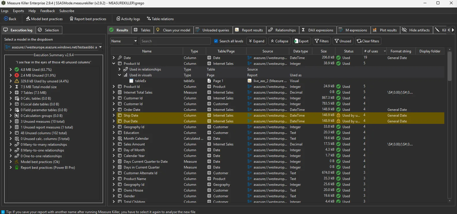 Measure Killer detailed column usage for an Analysis Services model — every column with its used/unused status, size, and reference count