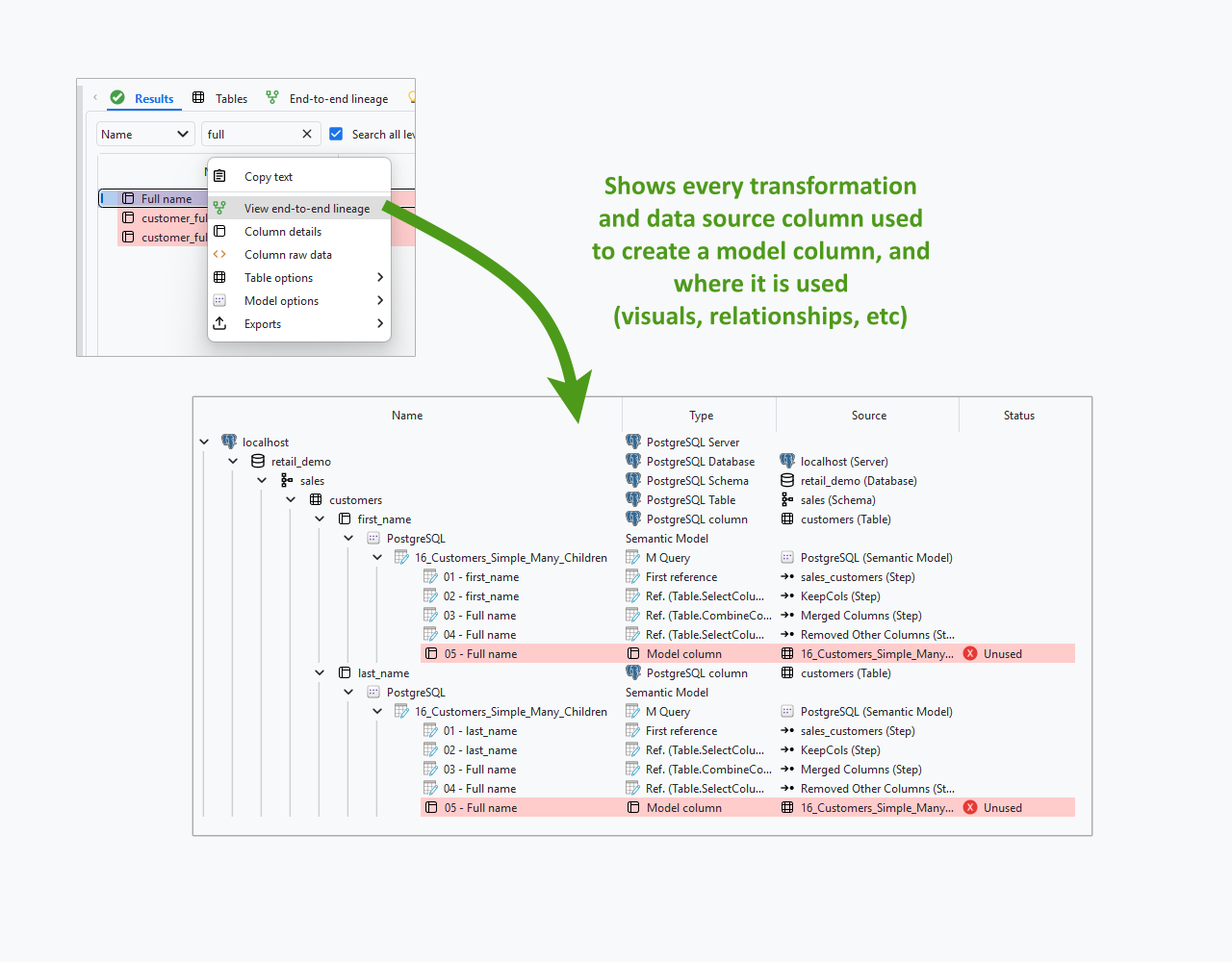 Right-clicking a column in Measure Killer and choosing 'View end-to-end lineage' from the context menu, opening a tab that shows the upstream trail from the PostgreSQL customers.first_name column through every Power Query M step to the model column it becomes