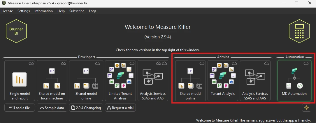Measure Killer launch window — admin modes (Shared model online, Tenant Analysis, Analysis Services) and MK Automation highlighted