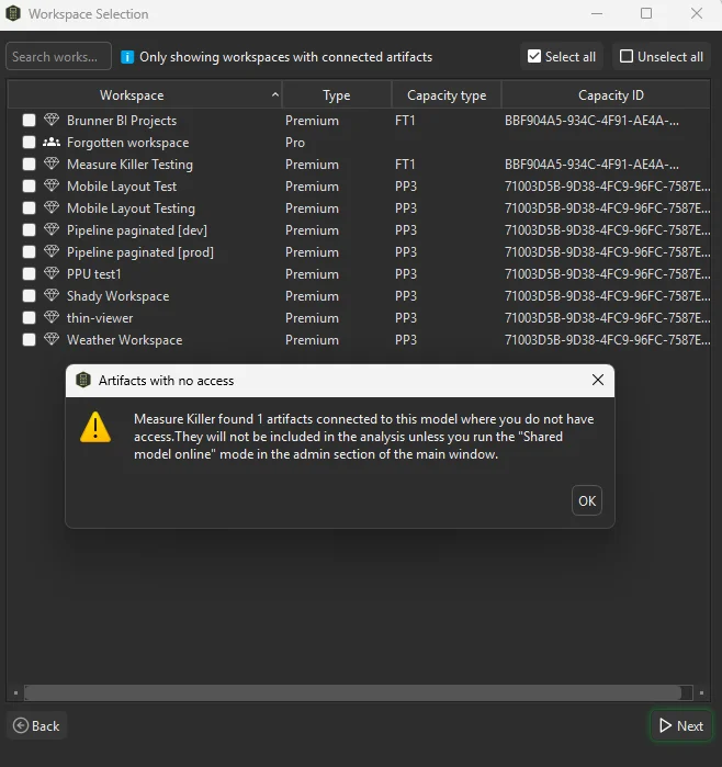 Artifacts with no access warning — Measure Killer found artifacts connected to the model where you do not have access