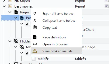 Right-click menu on a report or page — View broken visuals