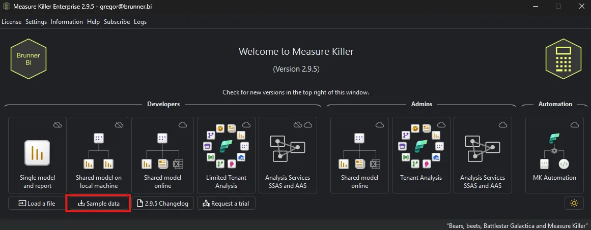 Measure Killer welcome screen with the Sample data button highlighted bottom-left, next to Load a file
