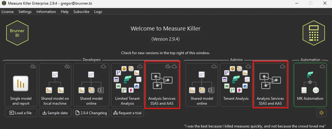Measure Killer welcome screen with the Analysis Services SSAS and AAS tiles highlighted under both the Developers and Admins groups