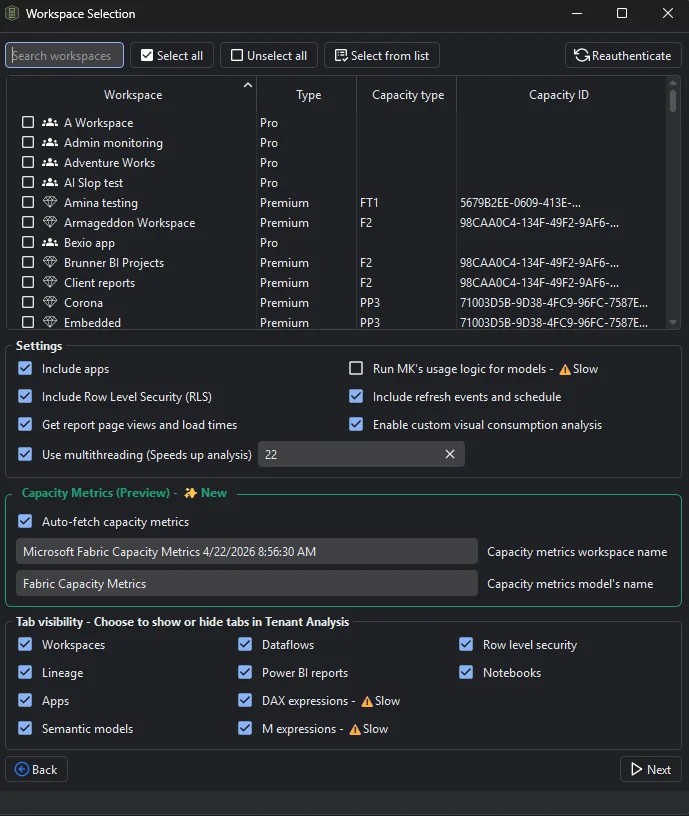 Measure Killer Limited Tenant Analysis pre-filters window with the Capacity Metrics (Preview) section and Auto-fetch capacity metrics enabled