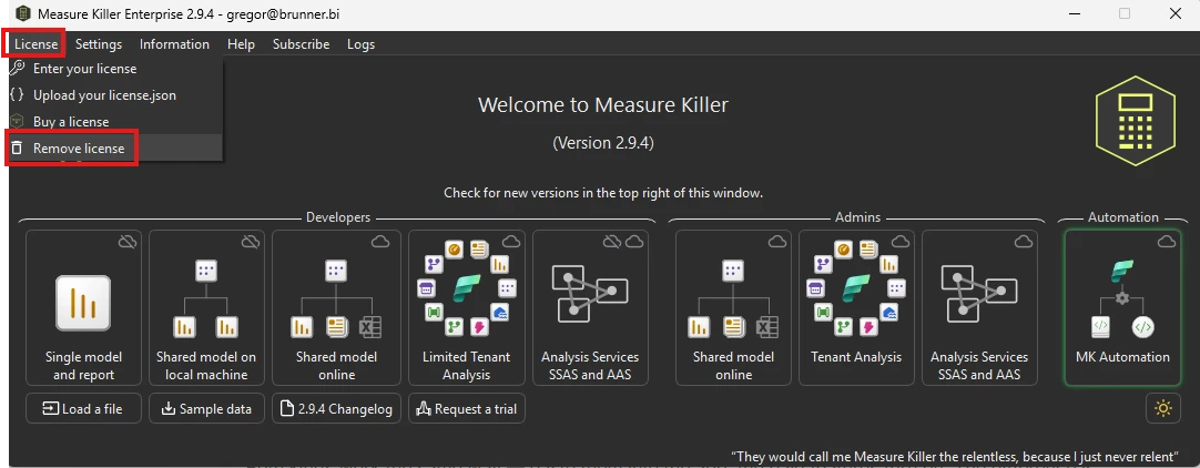 License menu — Enter your license, Upload your license.json, Buy a license, Remove license