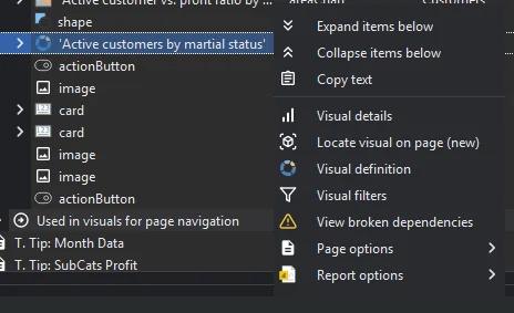 Right-click menu on a visual with the "Locate visual on page" option