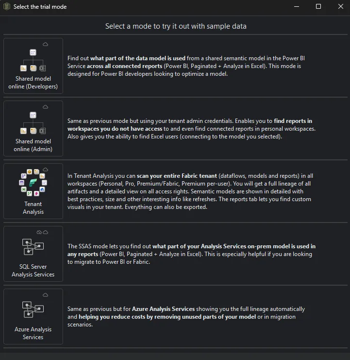 Sample data mode selection — choose which analysis mode to try with sample data